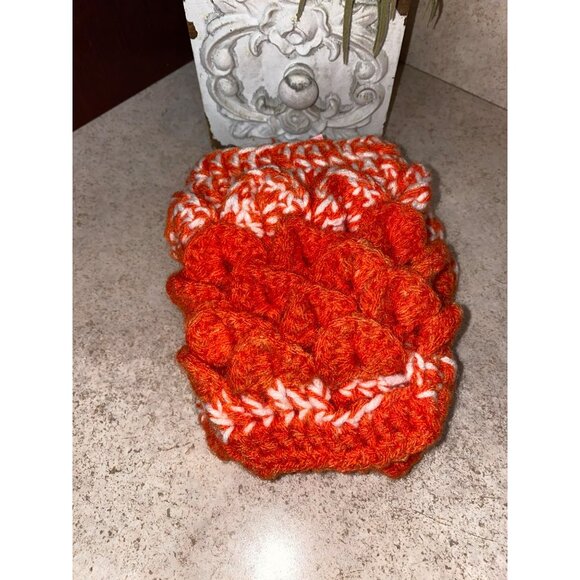 Handmade Hand Knit Orange 70’s Print Yarn Knit Hand Warmers Fingerless Gloves - Picture 4 of 5